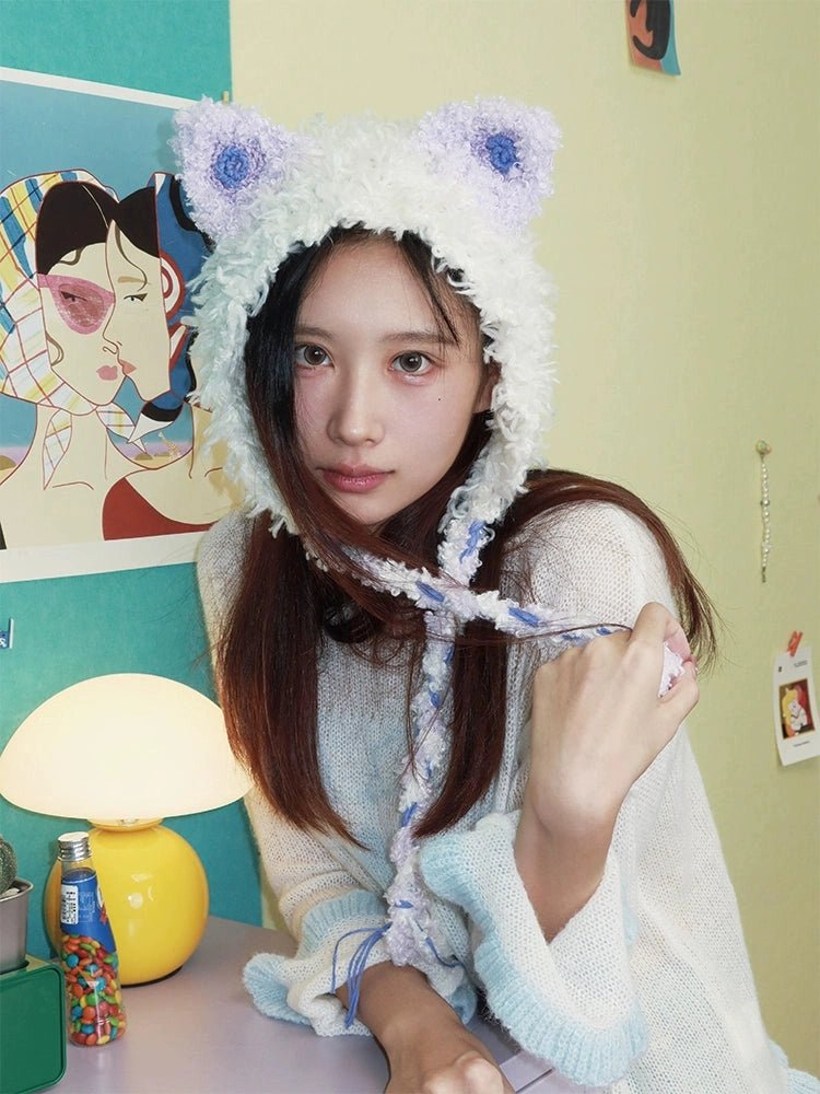 couleurヘッドウェアWhite Cat Ear Knit Hat