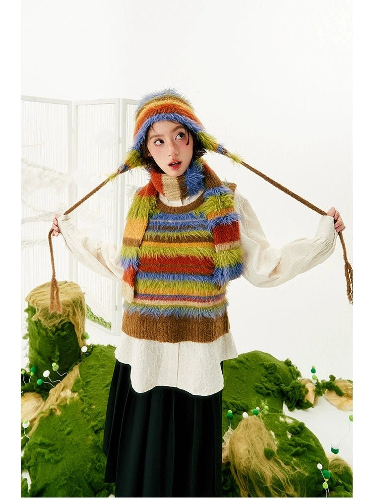 F4NFANヘッドウェアRainbow Stripe Plush Winter Hat