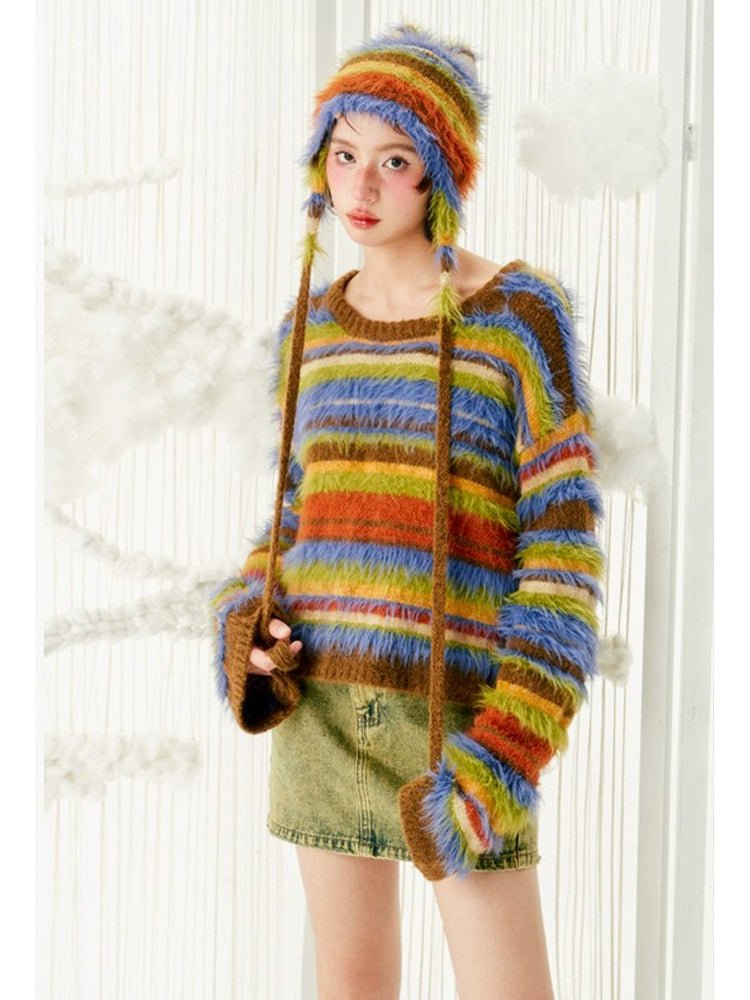 F4NFANヘッドウェアRainbow Stripe Plush Winter Hat