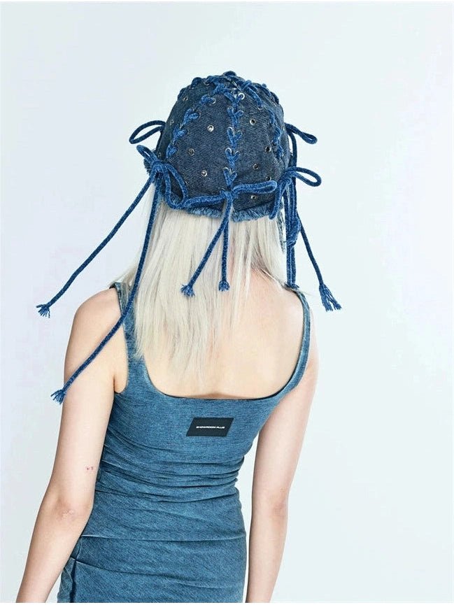 YEZI ODヘッドウェアBlue Fringe Denim Beanie