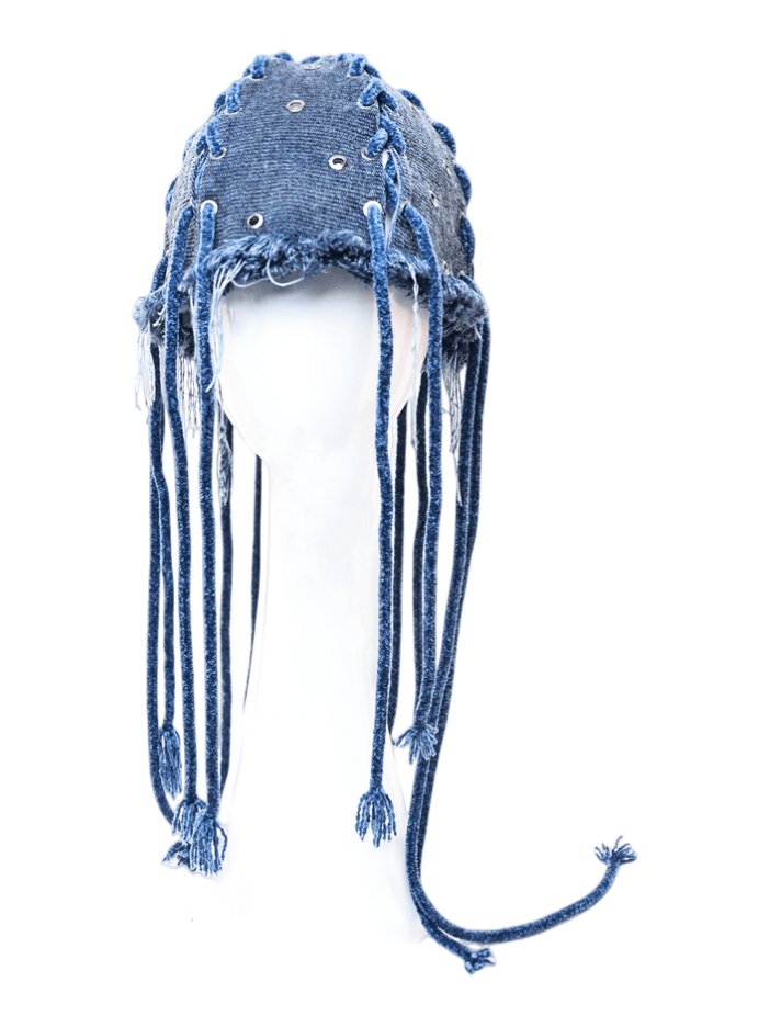 YEZI ODヘッドウェアBlue Fringe Denim Beanie