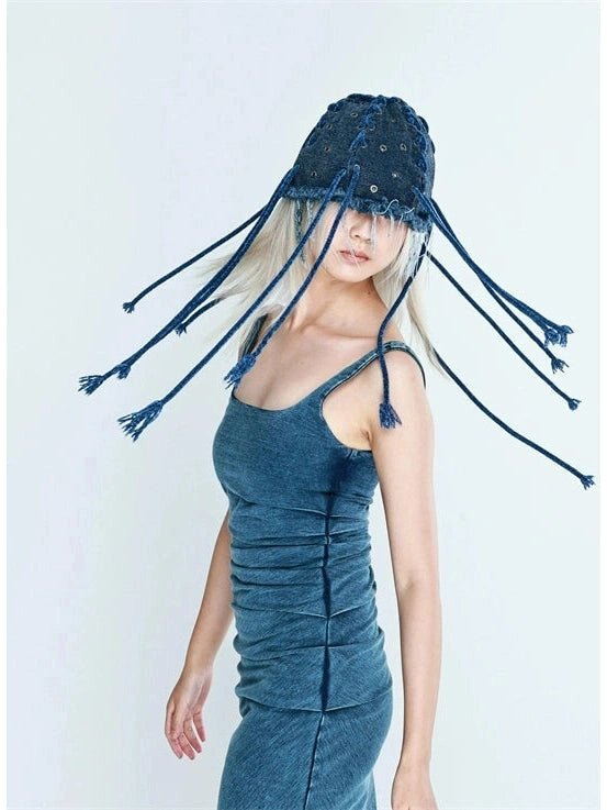 YEZI ODヘッドウェアBlue Fringe Denim Beanie