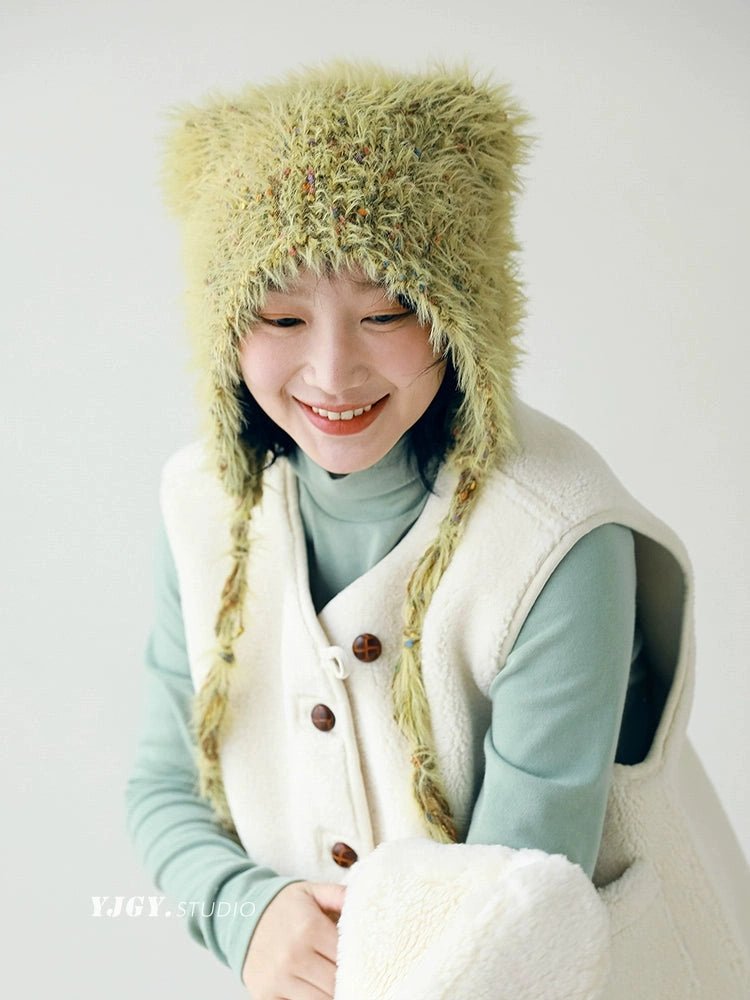 YJGY STUDIOヘッドウェアCute Wool Ear Coverage Hat